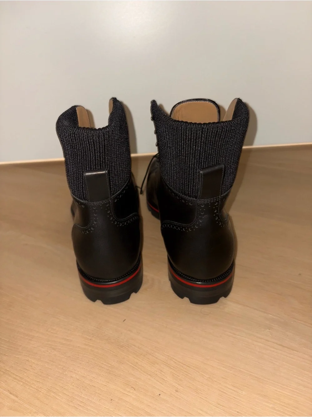 Christian Louboutin Black Leather Lace-Up Ankle Boots with Red Trim